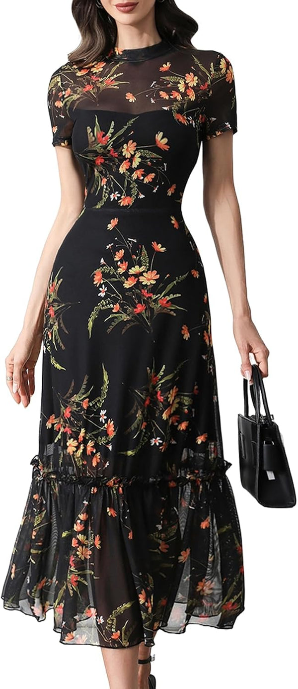 GothDark Women's Summer Floral Mesh Ruffle Casual Maxi Wedding Guest Dress