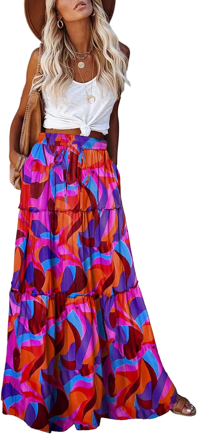 EARKOHA Womens Boho Maxi Skirt 2026 Summer Cruise Casual High Waist Tie Flowy Long Skirt with Pockets For Beach Vacation