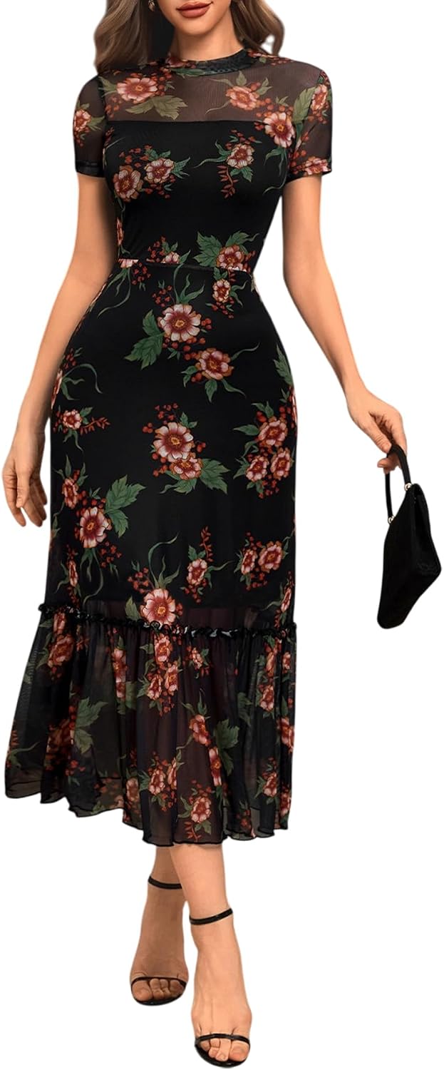 GothDark Women's Summer Floral Mesh Ruffle Casual Maxi Wedding Guest Dress