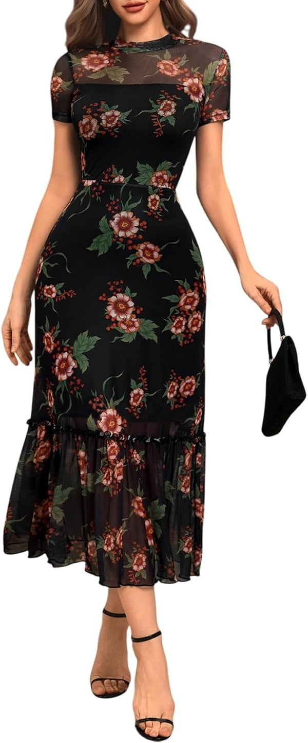 GothDark Women's Summer Floral Mesh Ruffle Casual Maxi Wedding Guest Dress