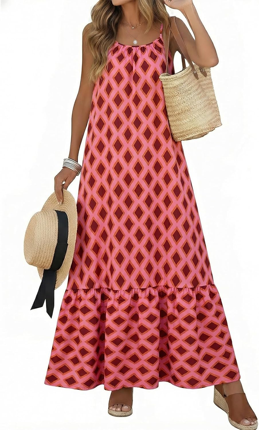 Dokotoo Women Summer Dresses Scoop Neck Ruffle Flowy Boho Maxi Dress