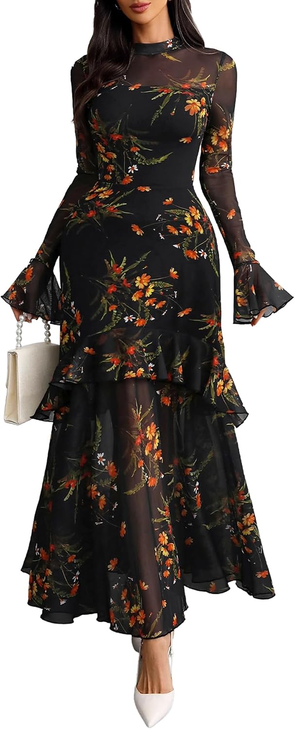GothDark Women Floral Maxi Dress Bell Sleeve Party Wedding Guest Dresses