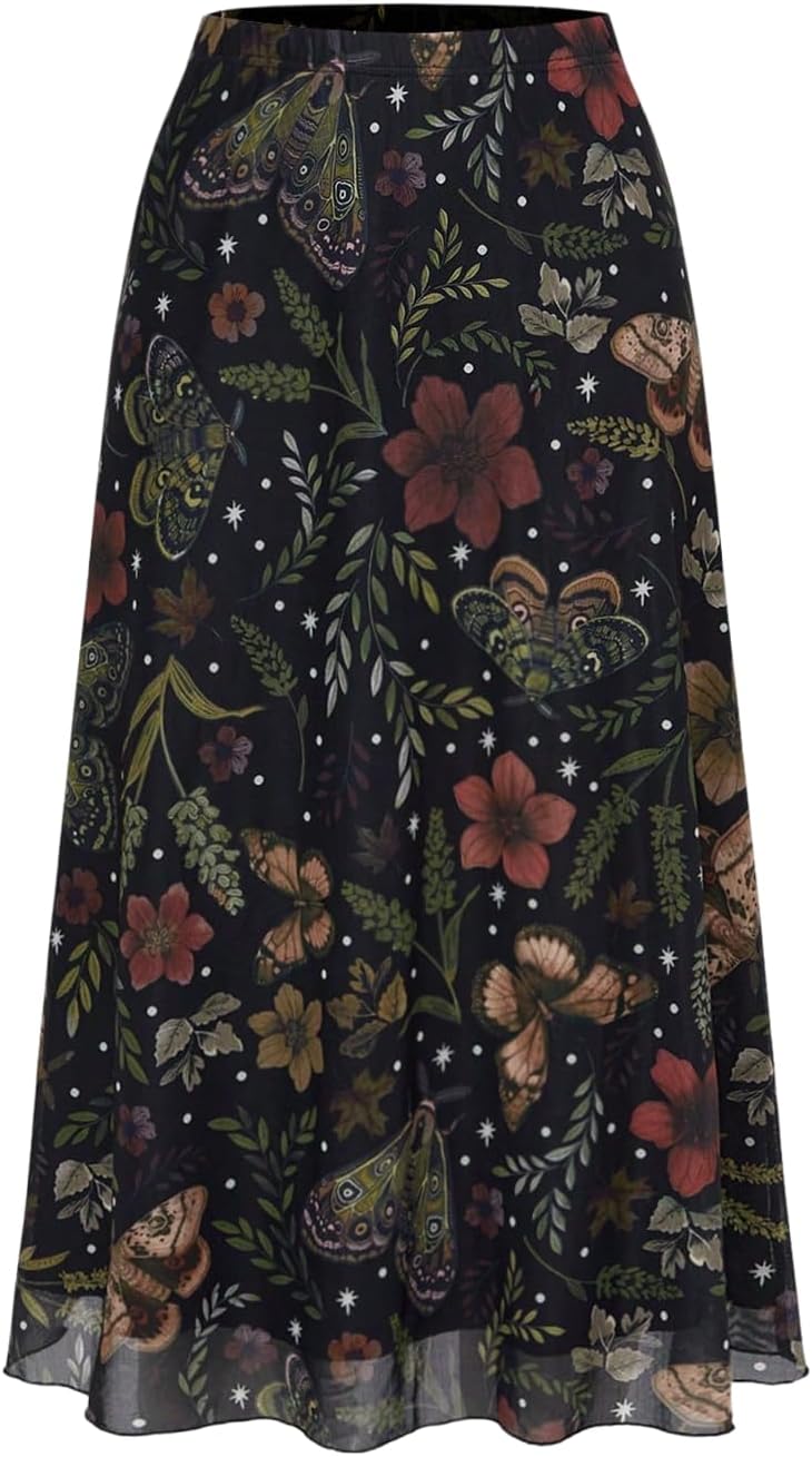 Milumia Women's Floral Mesh Midi Skirt Elastic A Line Whimsical Skirts