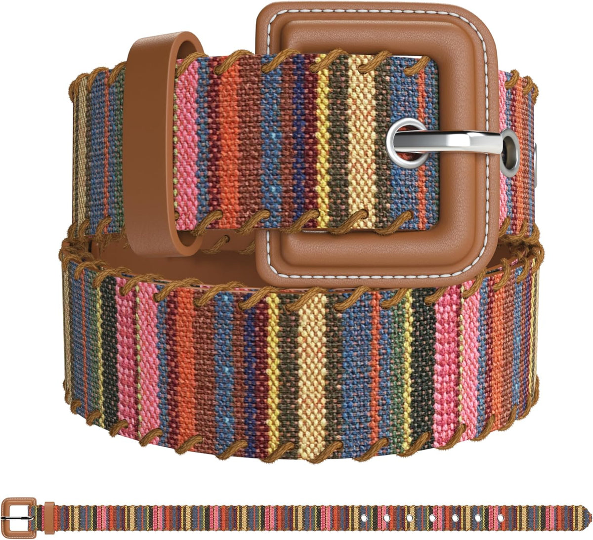 Womens Casual Belts - Multicolor Woven Belt & Brown Vegan Leather Belt