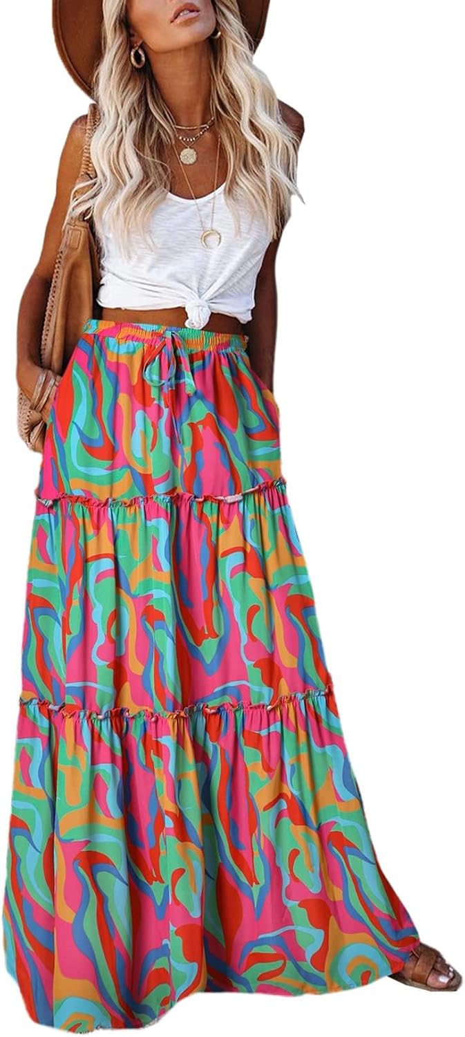 EARKOHA Womens Boho Maxi Skirt 2026 Summer Cruise Casual High Waist Tie Flowy Long Skirt with Pockets For Beach Vacation
