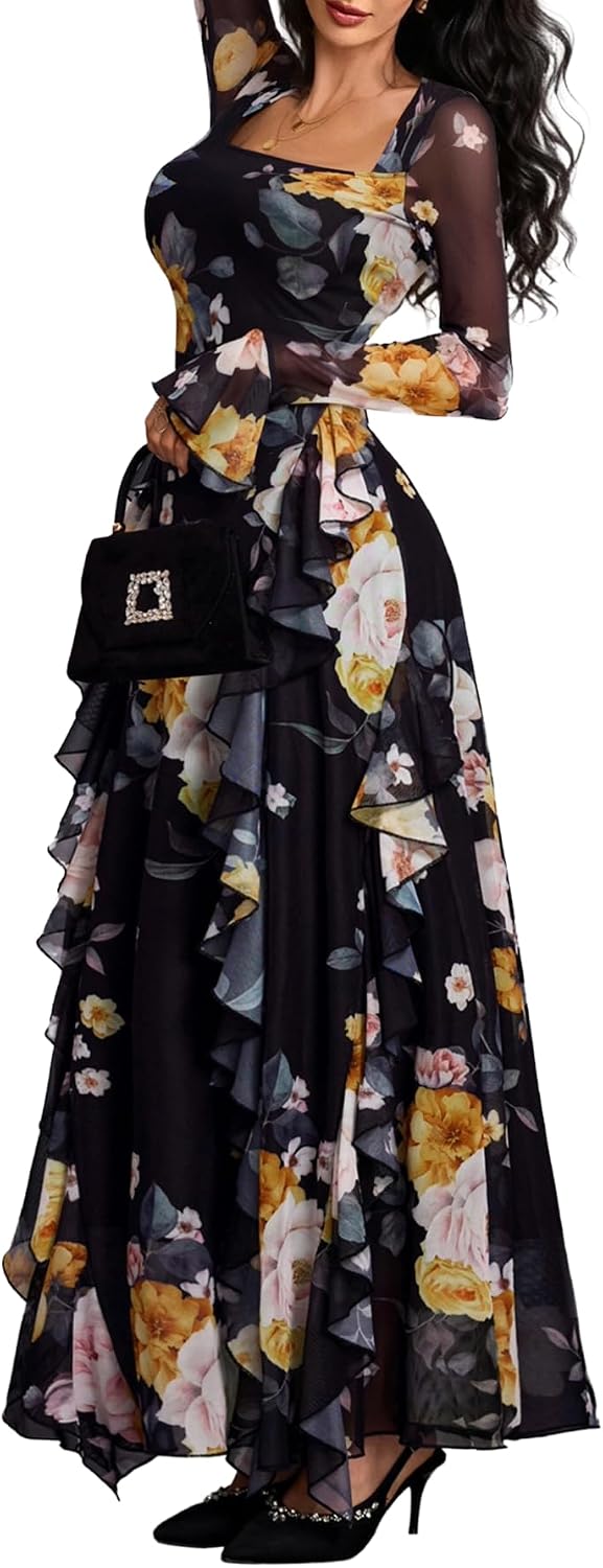 GothDark Women's Floral Dress Long Sleeve Square Neck Ruffle Party Outfit