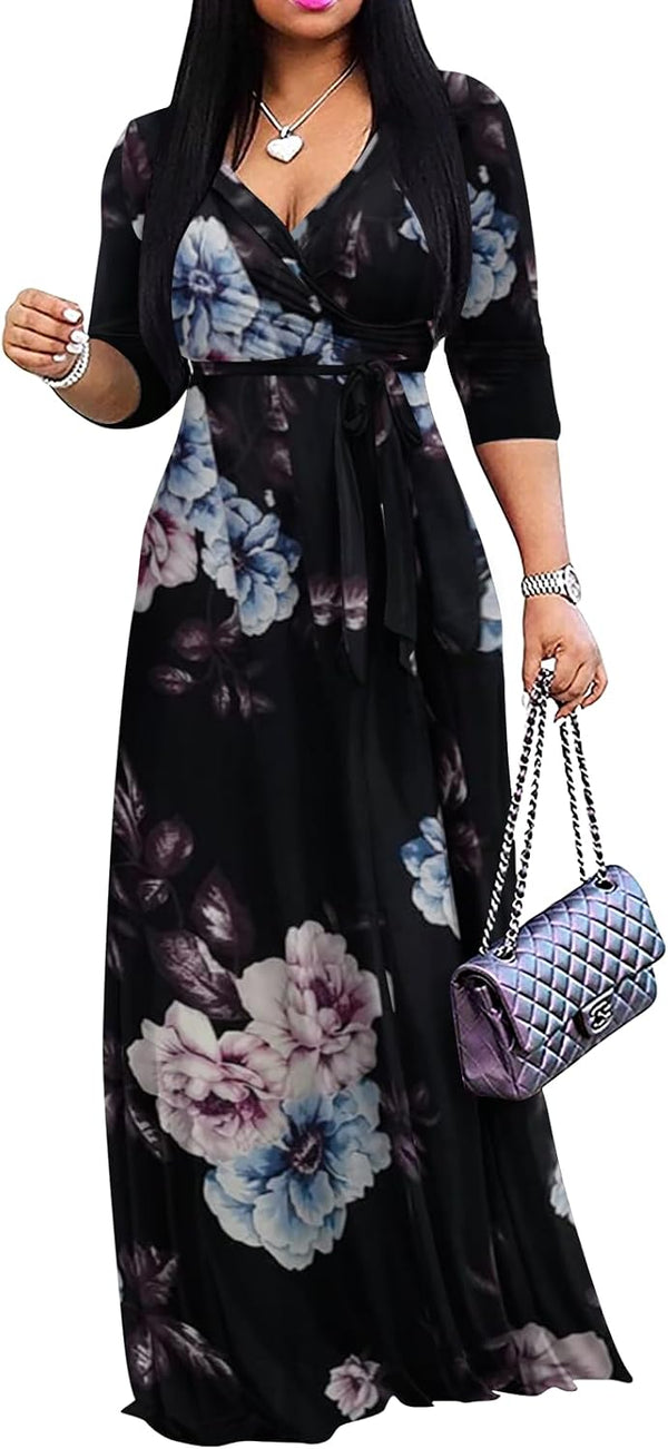Yajedo Womens Casual Summer Maxi Dress Plus Size Sexy Wrap V Neck 3/4 Sleeve Sundress with Pockets