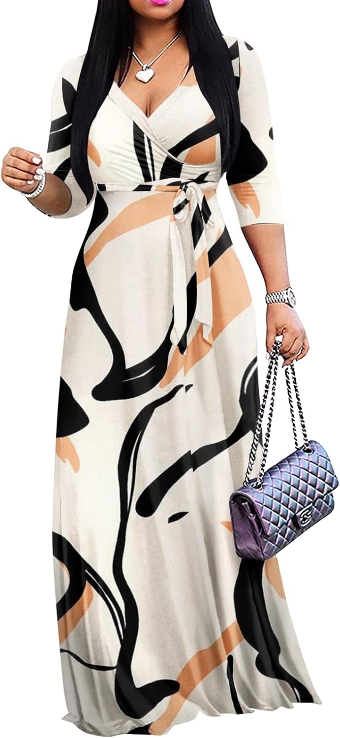 Yajedo Womens Casual Summer Maxi Dress Plus Size Sexy Wrap V Neck 3/4 Sleeve Sundress with Pockets