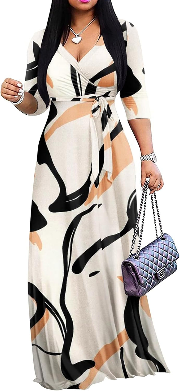 Yajedo Womens Casual Summer Maxi Dress Plus Size Sexy Wrap V Neck 3/4 Sleeve Sundress with Pockets