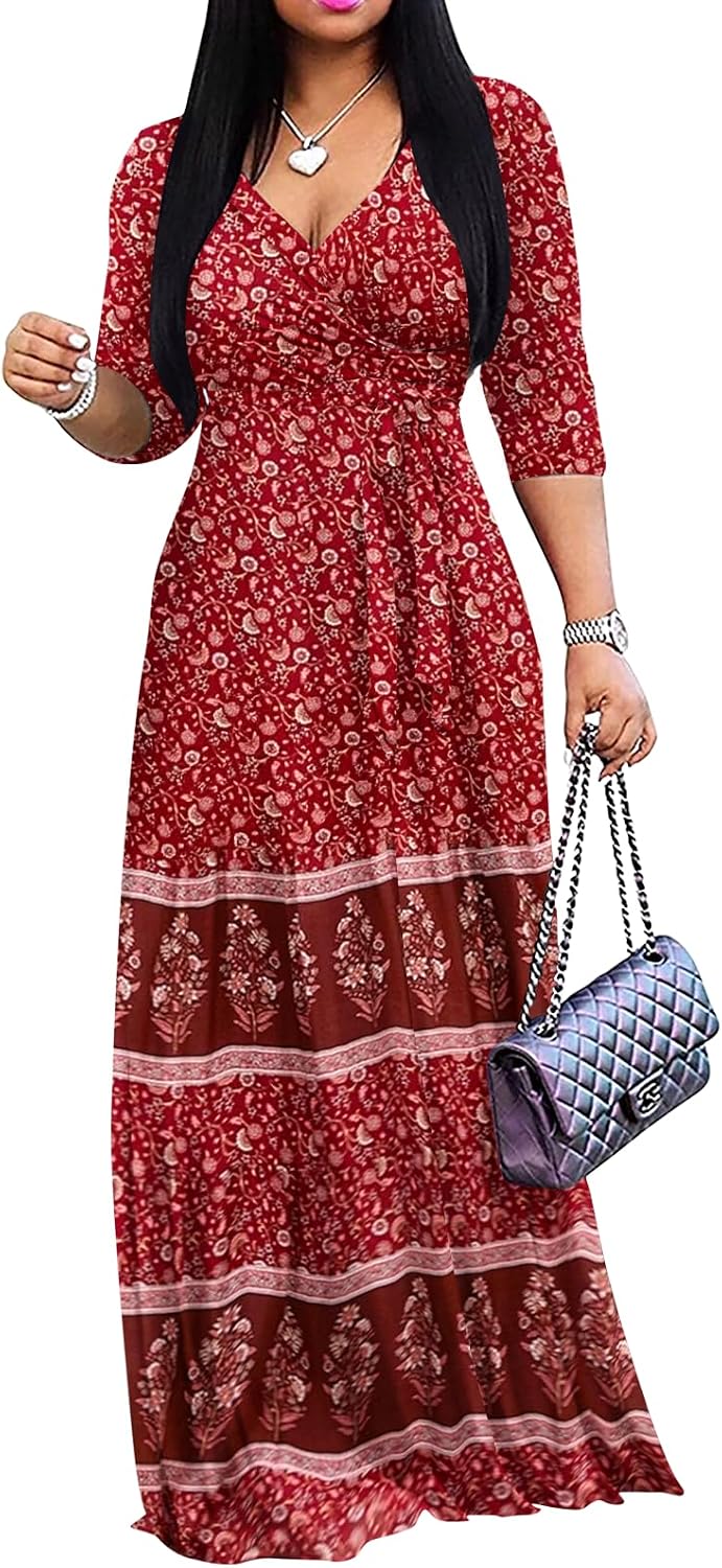 Yajedo Womens Casual Summer Maxi Dress Plus Size Sexy Wrap V Neck 3/4 Sleeve Sundress with Pockets