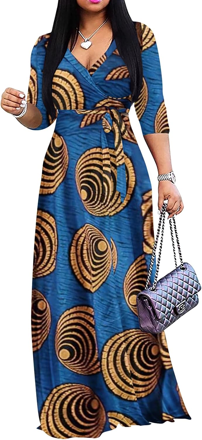 Yajedo Womens Casual Summer Maxi Dress Plus Size Sexy Wrap V Neck 3/4 Sleeve Sundress with Pockets