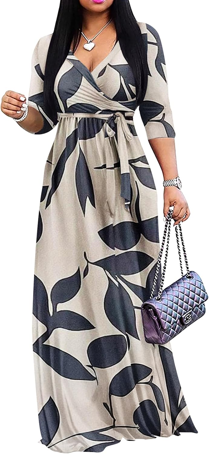 Yajedo Womens Casual Summer Maxi Dress Plus Size Sexy Wrap V Neck 3/4 Sleeve Sundress with Pockets