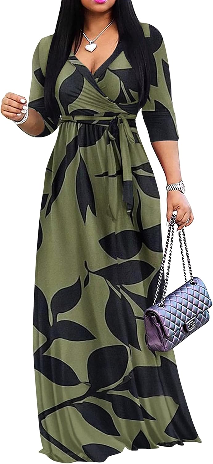 Yajedo Womens Casual Summer Maxi Dress Plus Size Sexy Wrap V Neck 3/4 Sleeve Sundress with Pockets