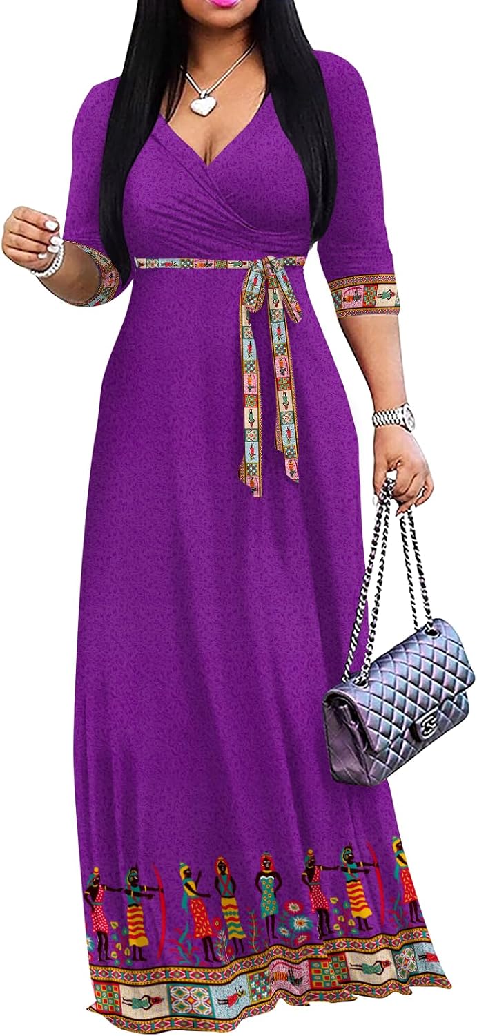 Yajedo Womens Casual Summer Maxi Dress Plus Size Sexy Wrap V Neck 3/4 Sleeve Sundress with Pockets