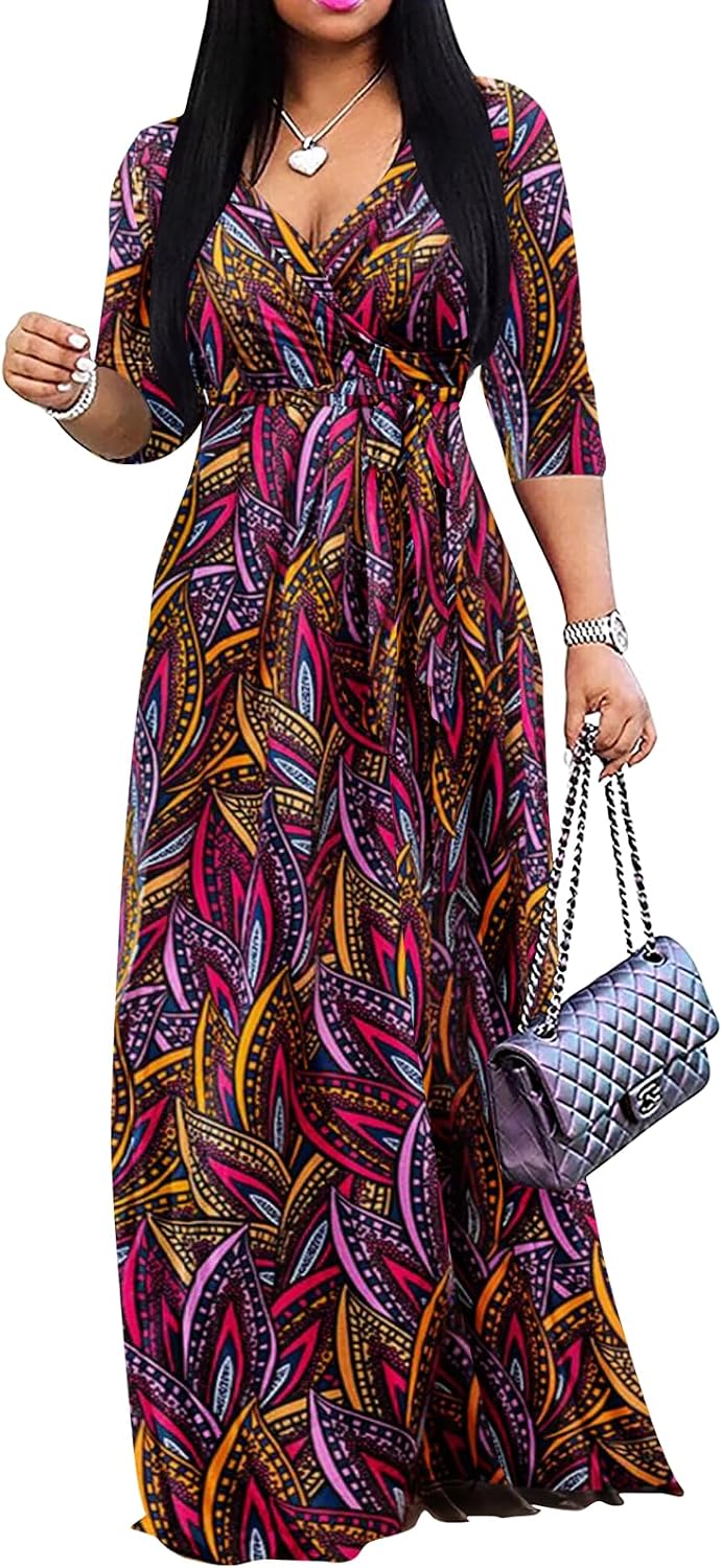 Yajedo Womens Casual Summer Maxi Dress Plus Size Sexy Wrap V Neck 3/4 Sleeve Sundress with Pockets