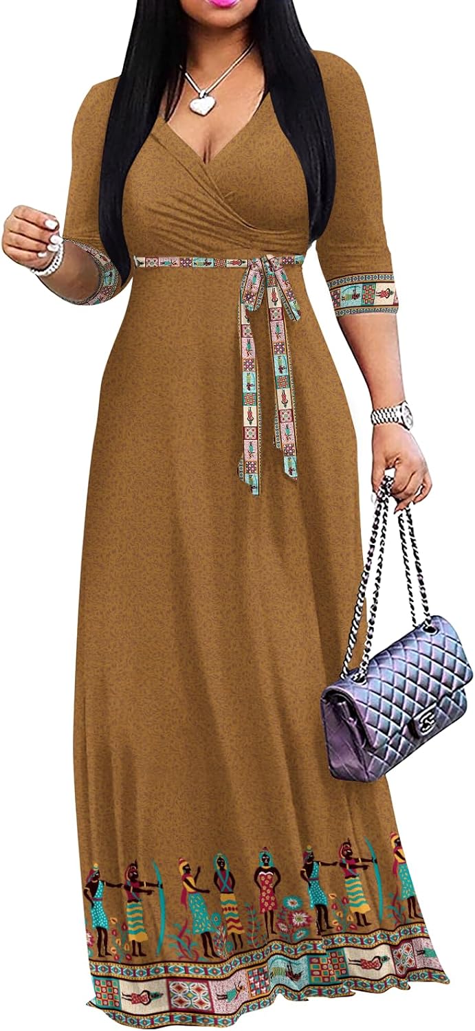 Yajedo Womens Casual Summer Maxi Dress Plus Size Sexy Wrap V Neck 3/4 Sleeve Sundress with Pockets