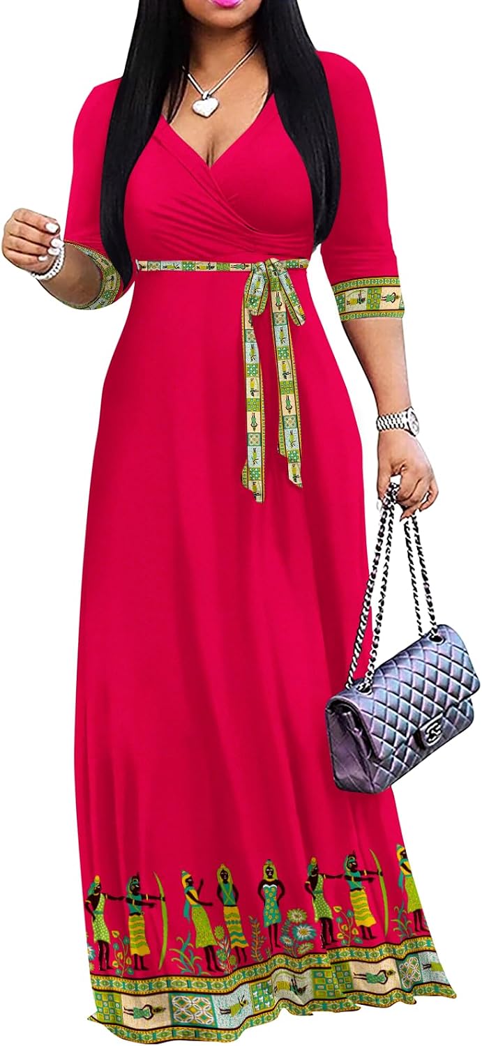 Yajedo Womens Casual Summer Maxi Dress Plus Size Sexy Wrap V Neck 3/4 Sleeve Sundress with Pockets