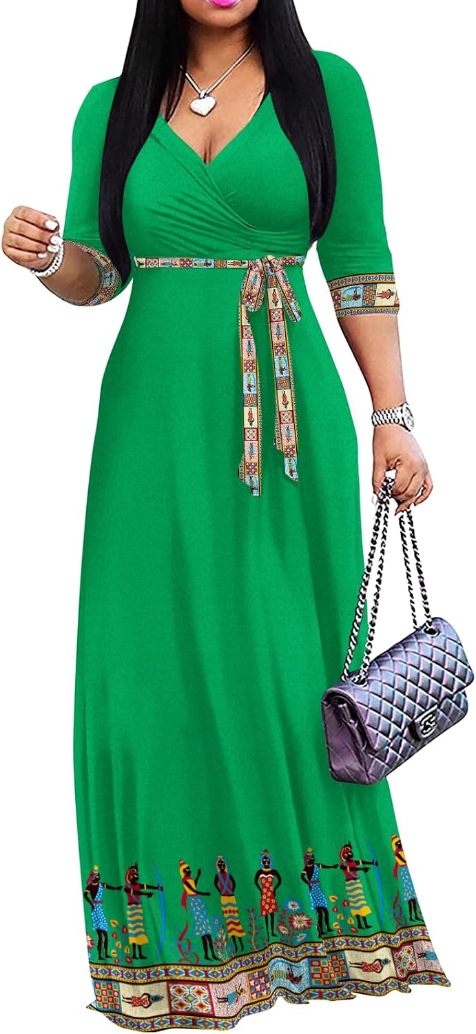 Yajedo Womens Casual Summer Maxi Dress Plus Size Sexy Wrap V Neck 3/4 Sleeve Sundress with Pockets