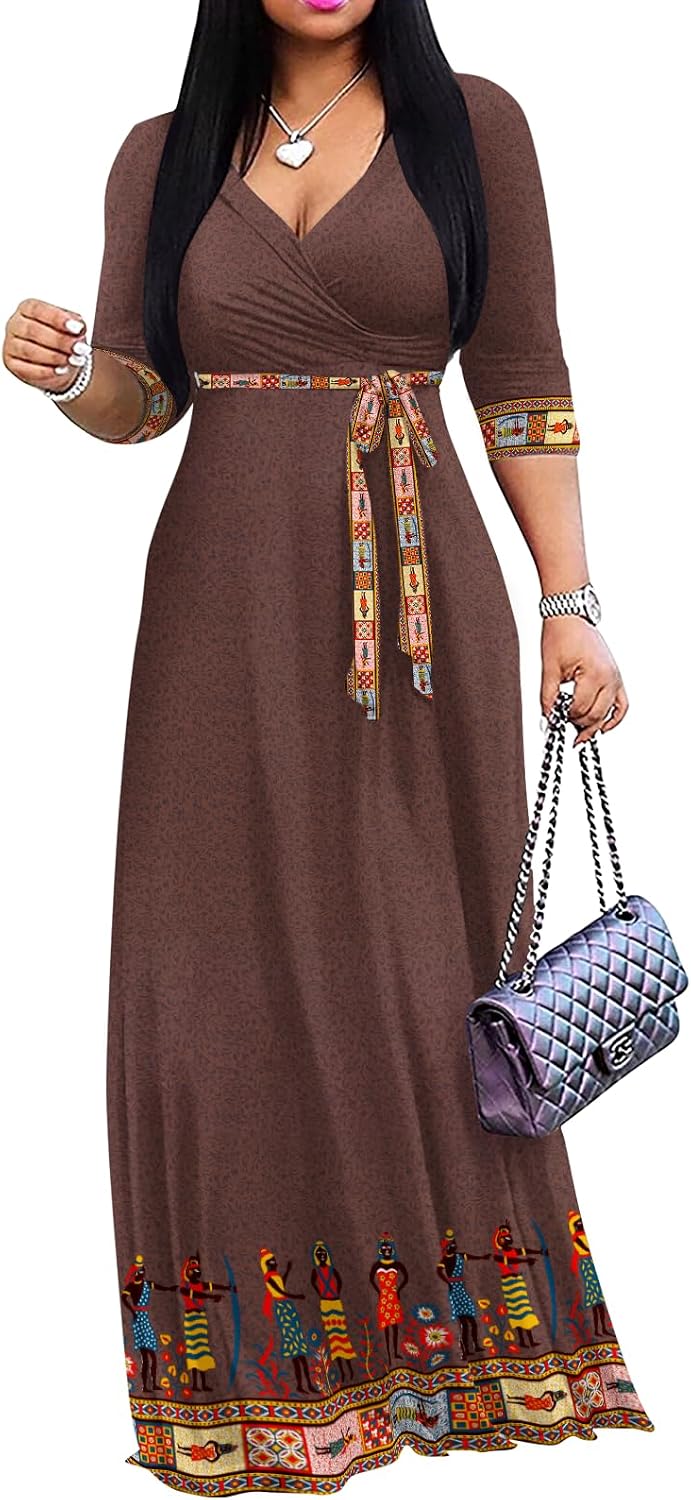 Yajedo Womens Casual Summer Maxi Dress Plus Size Sexy Wrap V Neck 3/4 Sleeve Sundress with Pockets