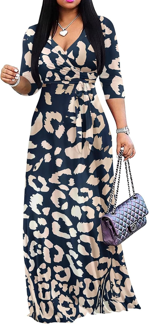 Yajedo Womens Casual Summer Maxi Dress Plus Size Sexy Wrap V Neck 3/4 Sleeve Sundress with Pockets