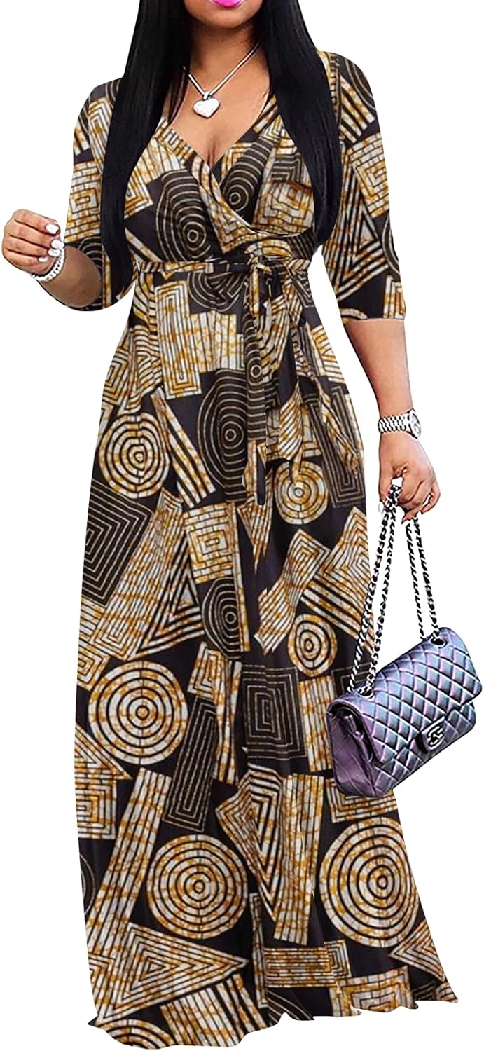 Yajedo Womens Casual Summer Maxi Dress Plus Size Sexy Wrap V Neck 3/4 Sleeve Sundress with Pockets