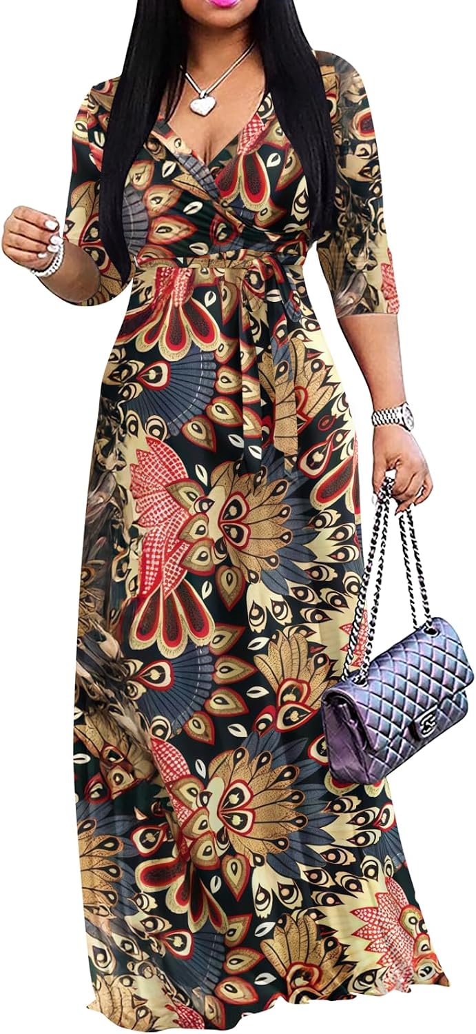Yajedo Womens Casual Summer Maxi Dress Plus Size Sexy Wrap V Neck 3/4 Sleeve Sundress with Pockets