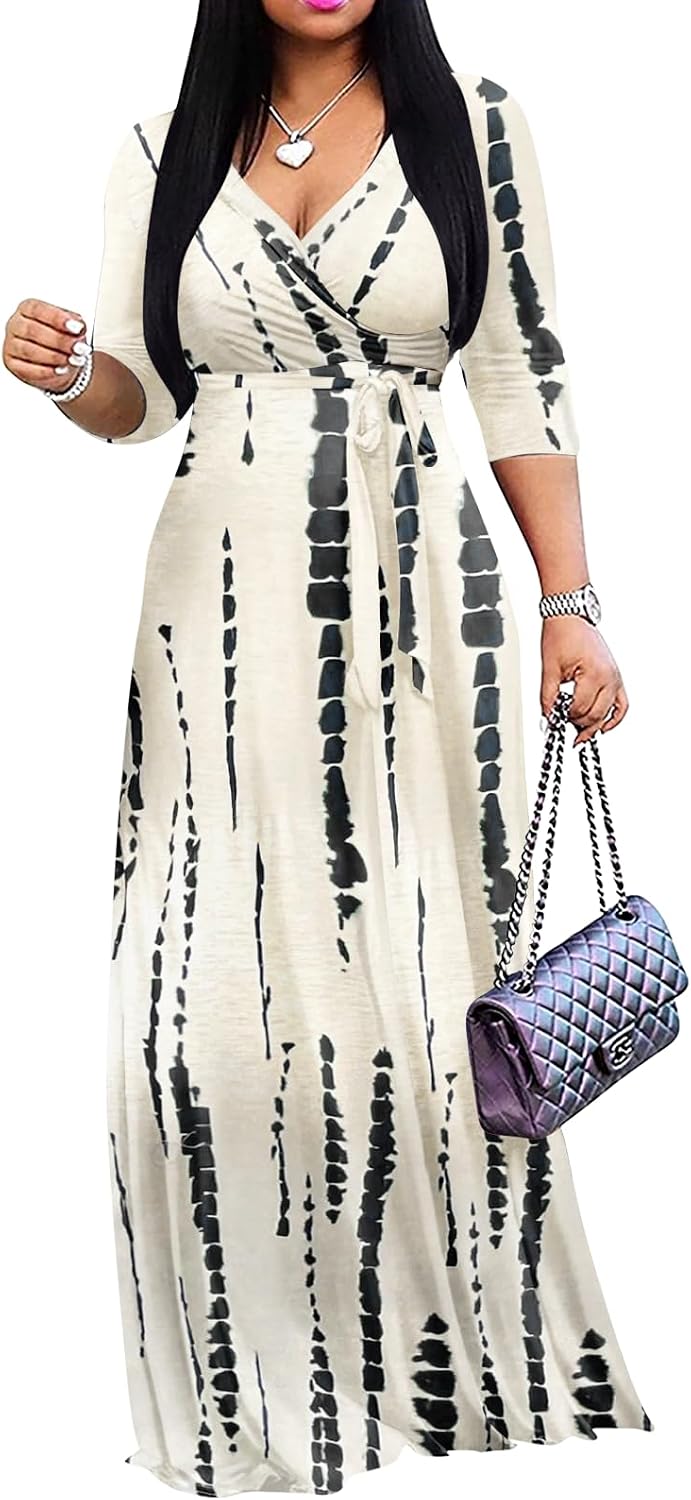 Yajedo Womens Casual Summer Maxi Dress Plus Size Sexy Wrap V Neck 3/4 Sleeve Sundress with Pockets
