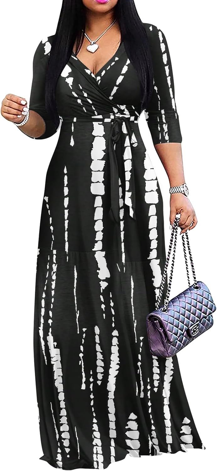 Yajedo Womens Casual Summer Maxi Dress Plus Size Sexy Wrap V Neck 3/4 Sleeve Sundress with Pockets