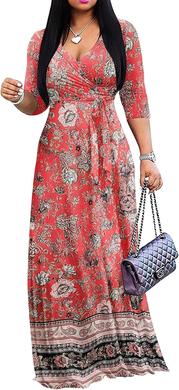 Yajedo Womens Casual Summer Maxi Dress Plus Size Sexy Wrap V Neck 3/4 Sleeve Sundress with Pockets