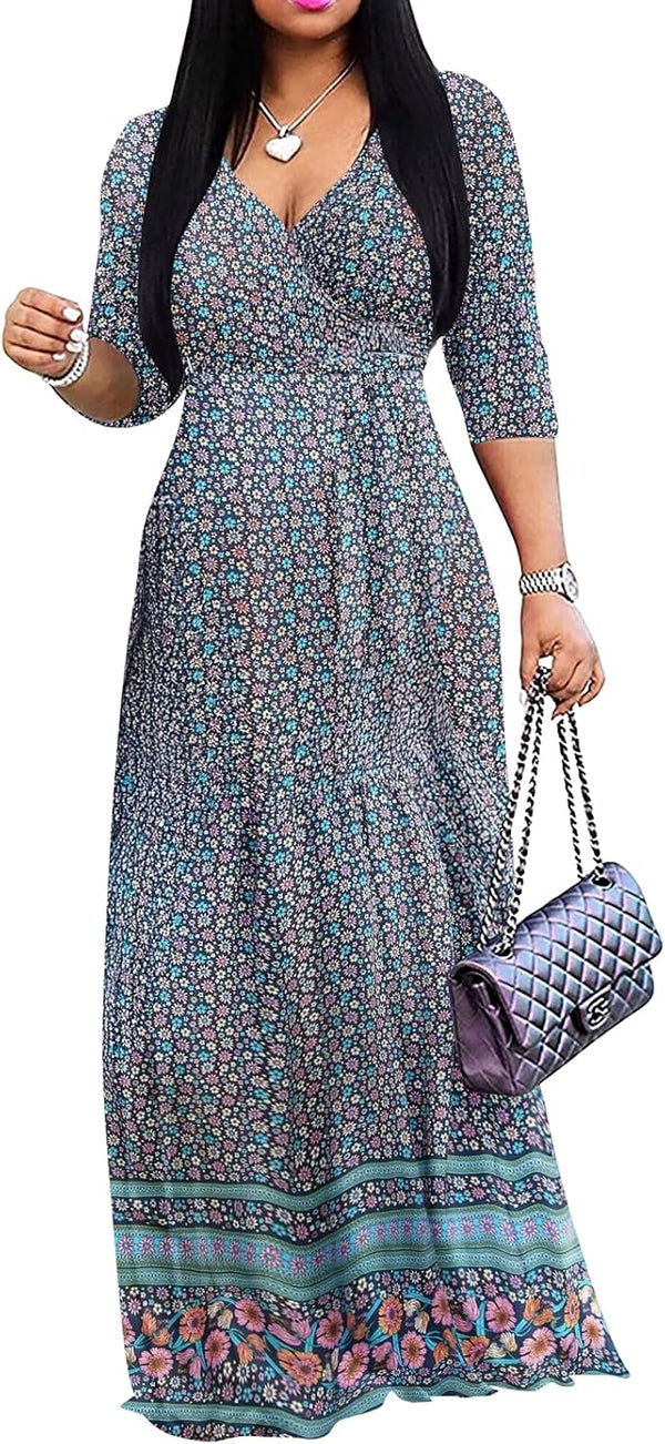 Yajedo Womens Casual Summer Maxi Dress Plus Size Sexy Wrap V Neck 3/4 Sleeve Sundress with Pockets