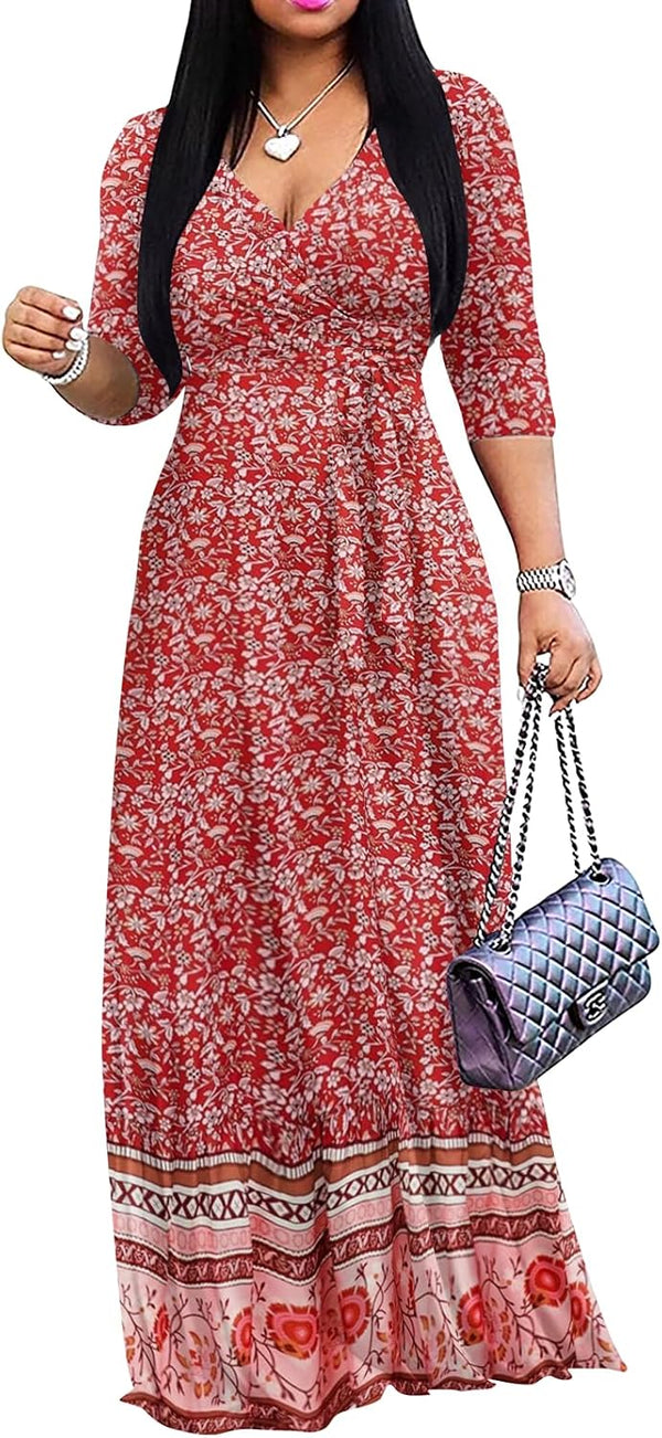 Yajedo Womens Casual Summer Maxi Dress Plus Size Sexy Wrap V Neck 3/4 Sleeve Sundress with Pockets