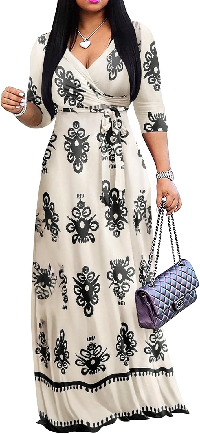 Yajedo Womens Casual Summer Maxi Dress Plus Size Sexy Wrap V Neck 3/4 Sleeve Sundress with Pockets