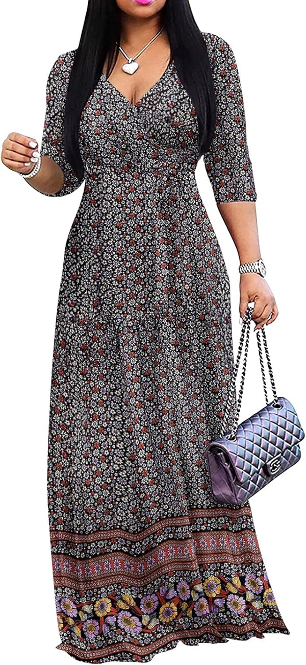 Yajedo Womens Casual Summer Maxi Dress Plus Size Sexy Wrap V Neck 3/4 Sleeve Sundress with Pockets