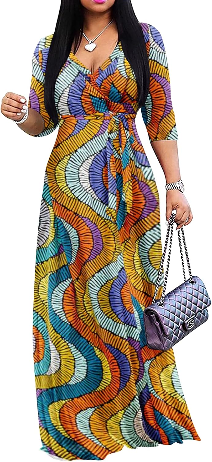 Yajedo Womens Casual Summer Maxi Dress Plus Size Sexy Wrap V Neck 3/4 Sleeve Sundress with Pockets