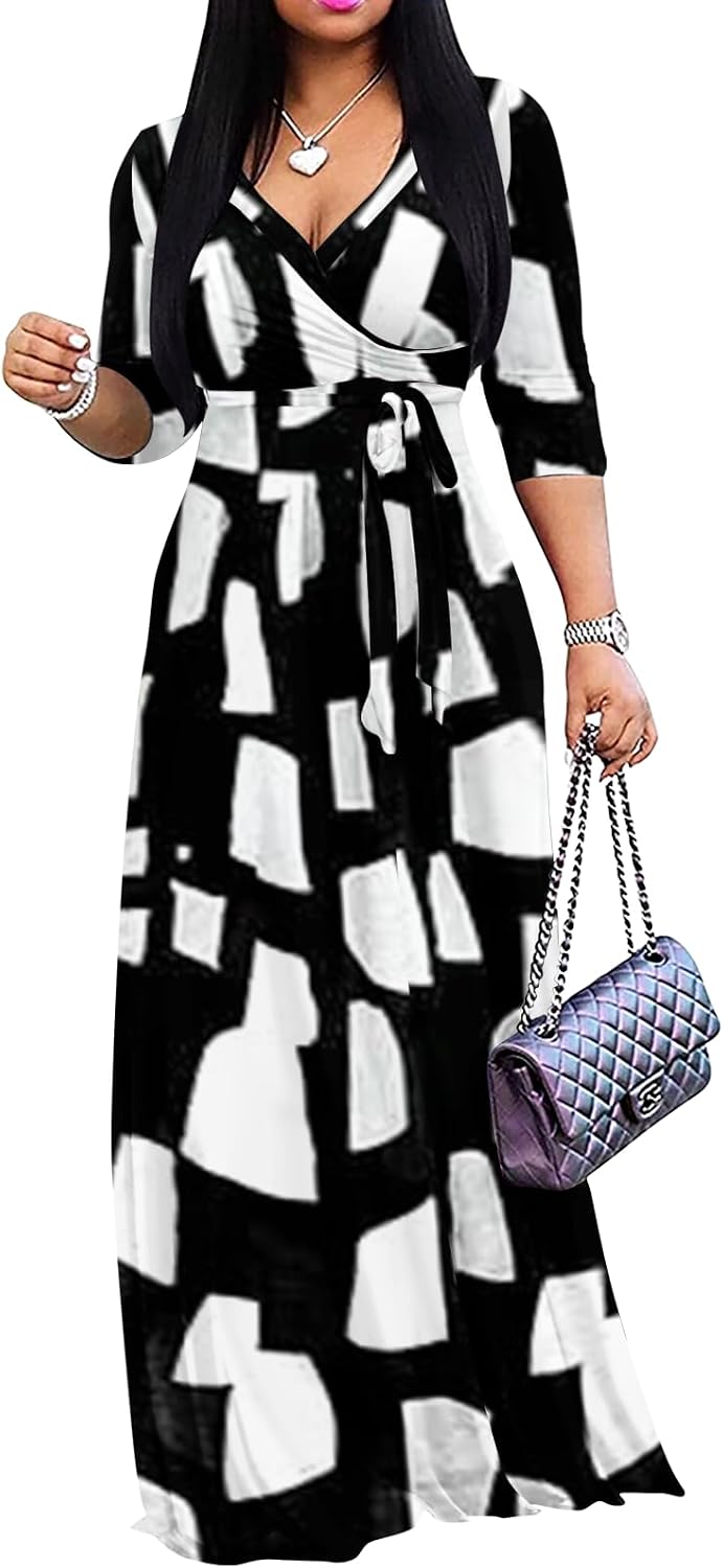 Yajedo Womens Casual Summer Maxi Dress Plus Size Sexy Wrap V Neck 3/4 Sleeve Sundress with Pockets
