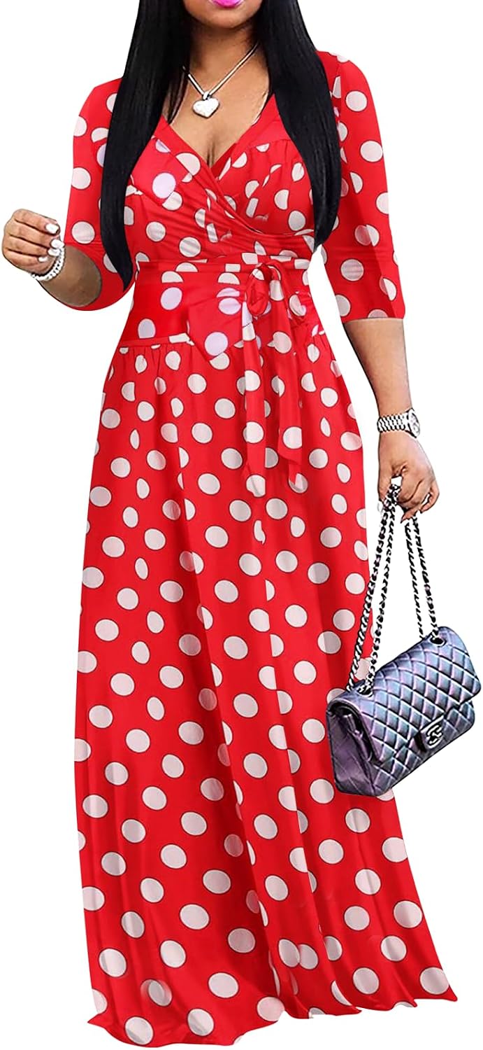 Yajedo Womens Casual Summer Maxi Dress Plus Size Sexy Wrap V Neck 3/4 Sleeve Sundress with Pockets