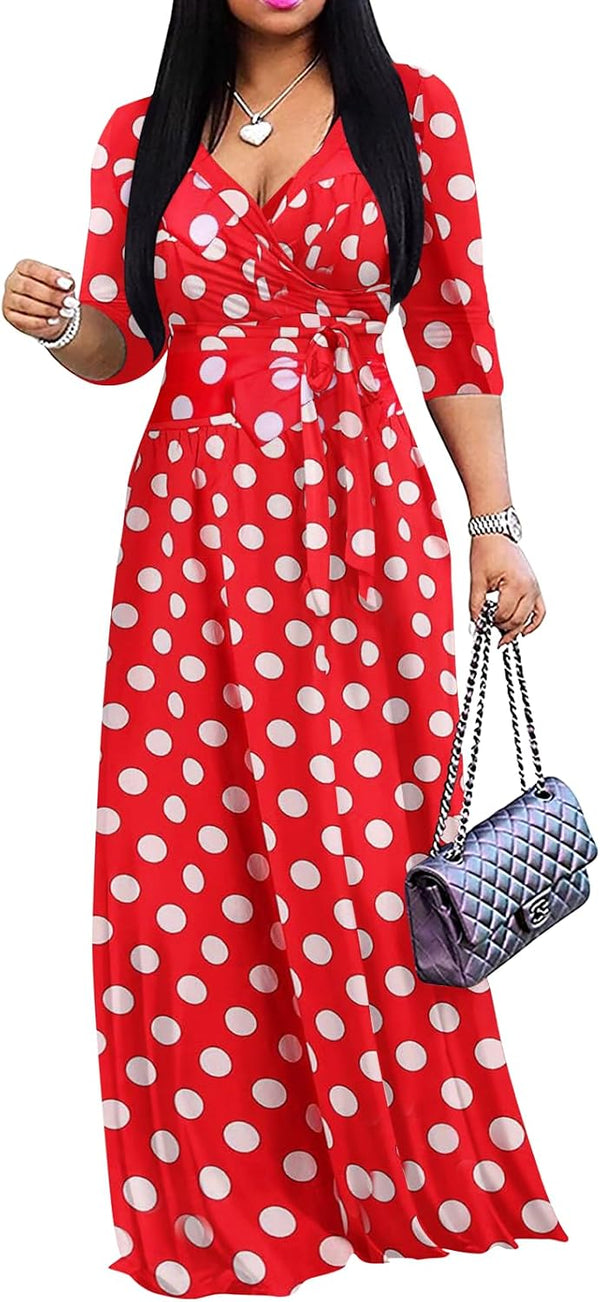 Yajedo Womens Casual Summer Maxi Dress Plus Size Sexy Wrap V Neck 3/4 Sleeve Sundress with Pockets
