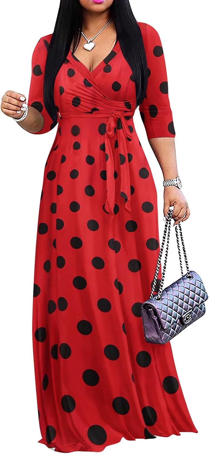 Yajedo Womens Casual Summer Maxi Dress Plus Size Sexy Wrap V Neck 3/4 Sleeve Sundress with Pockets