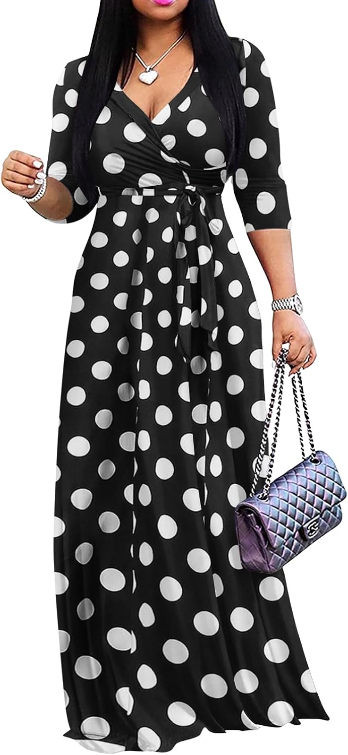 Yajedo Womens Casual Summer Maxi Dress Plus Size Sexy Wrap V Neck 3/4 Sleeve Sundress with Pockets
