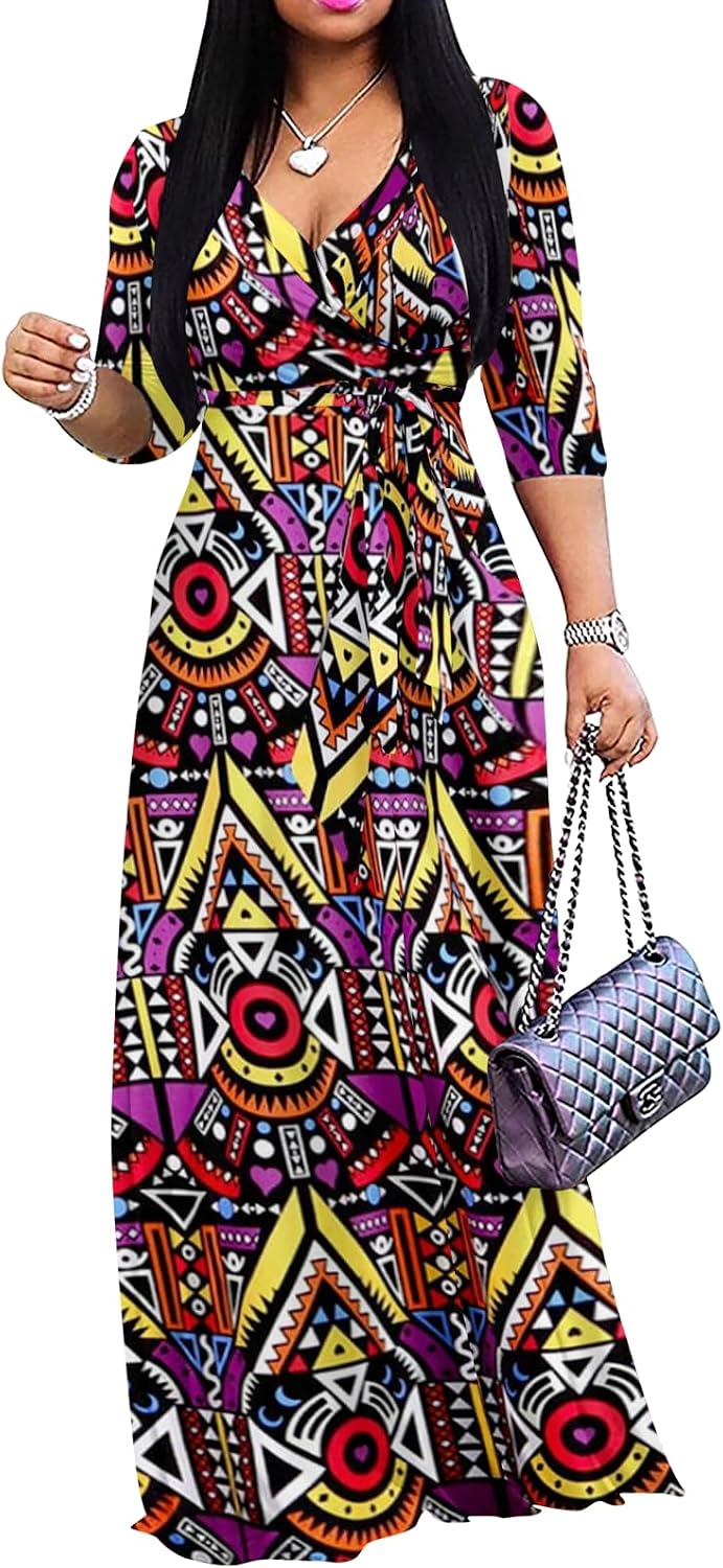 Yajedo Womens Casual Summer Maxi Dress Plus Size Sexy Wrap V Neck 3/4 Sleeve Sundress with Pockets