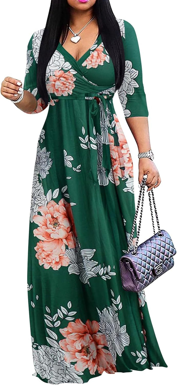 Yajedo Womens Casual Summer Maxi Dress Plus Size Sexy Wrap V Neck 3/4 Sleeve Sundress with Pockets