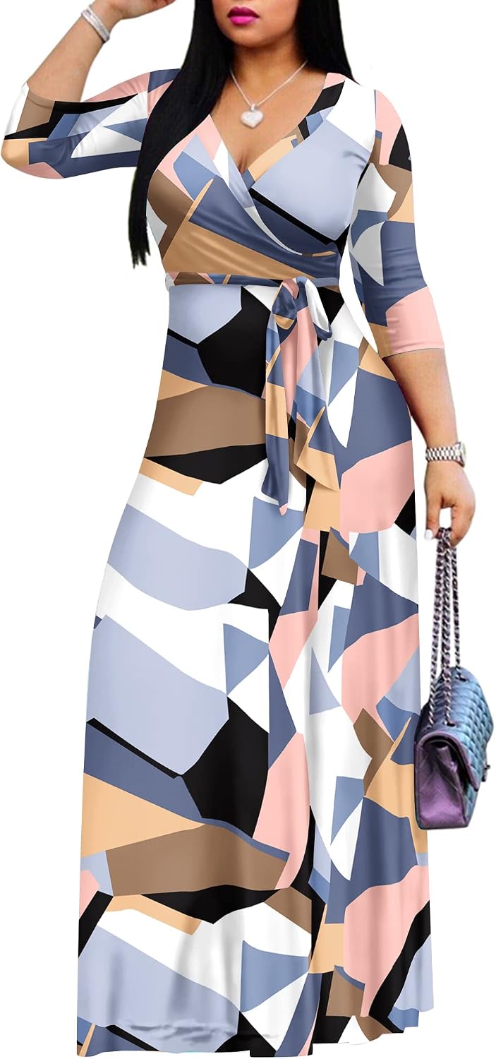 AOMONI Women's Maxi Dresses Summer Casual Wrap Tie Waist Long Dress