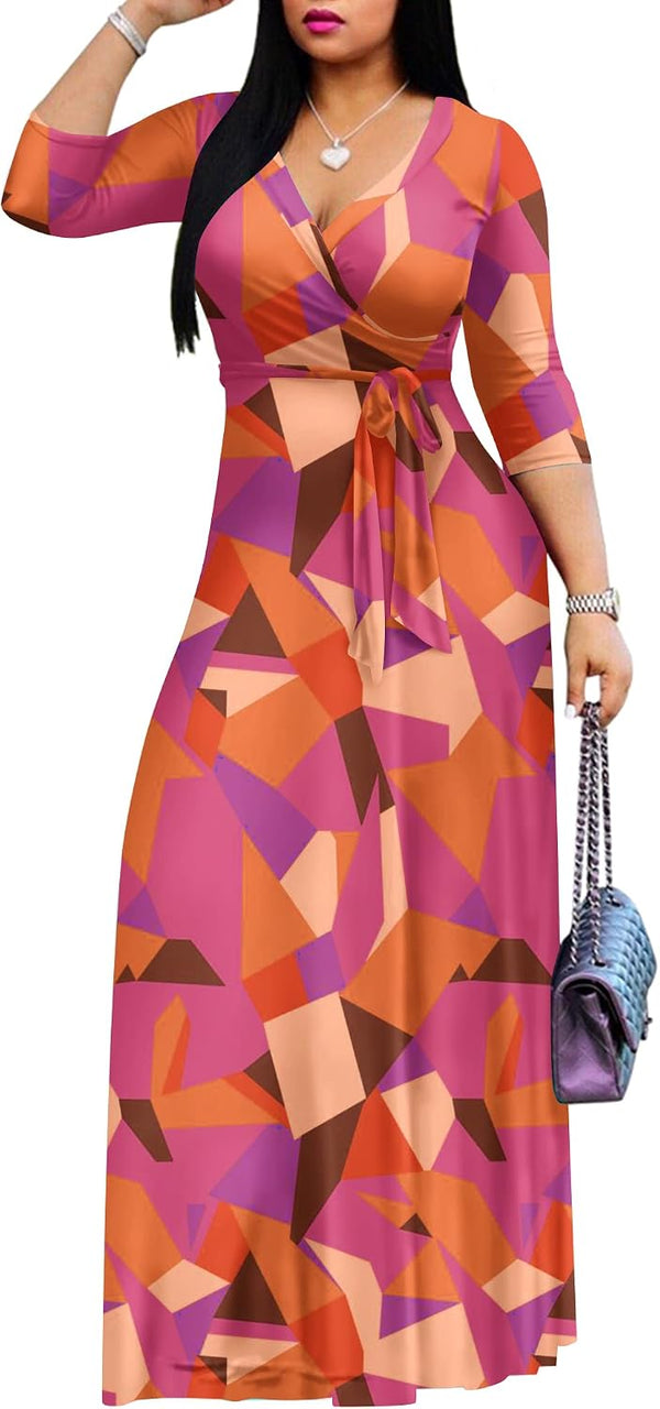 AOMONI Women's Maxi Dresses Summer Casual Wrap Tie Waist Long Dress