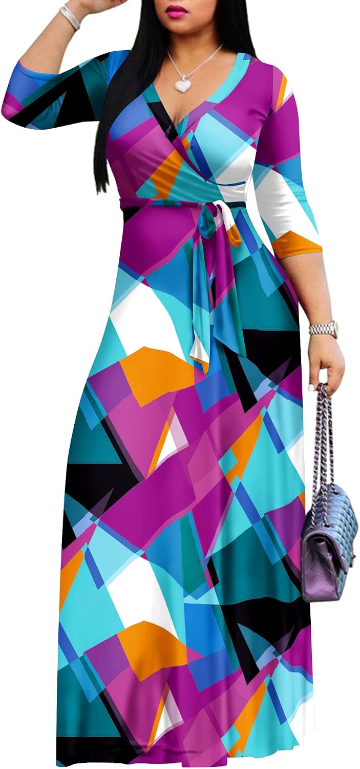 AOMONI Women's Maxi Dresses Summer Casual Wrap Tie Waist Long Dress