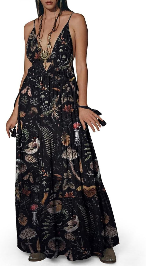 Womens Summer Sun Dresses Mystical Gothic Maxi Dress Casual Floral Witch Dress Date Dress Halloween Outfits