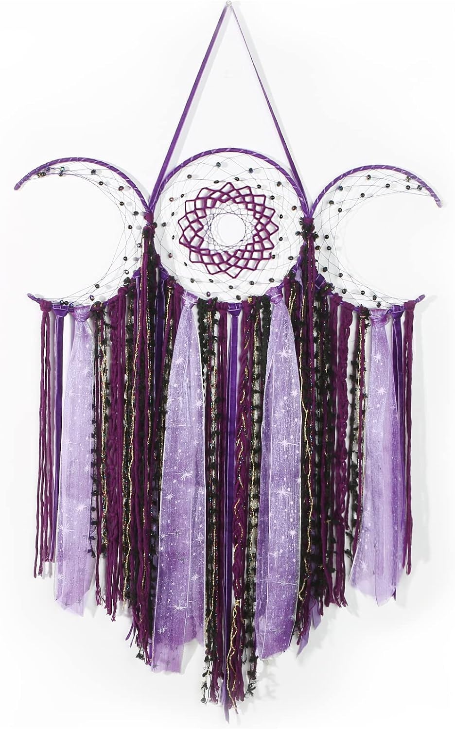 Black Triple Moon Goddess Dream Catcher Macrame Wall Hanging, Pagan Decor