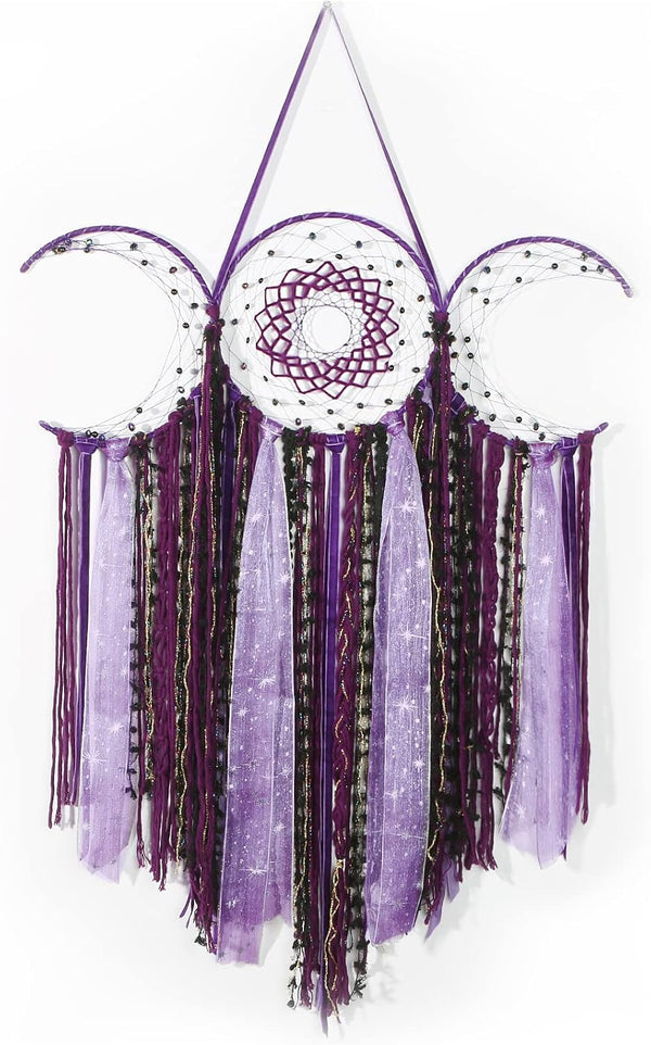 Black Triple Moon Goddess Dream Catcher Macrame Wall Hanging, Pagan Decor