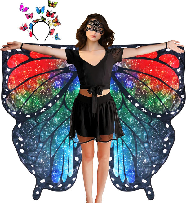D.Q.Z Double Sided Women Butterfly Wings Costumes for Adults Fairy Music-Festivals with Headband Halloween Cosplay Party