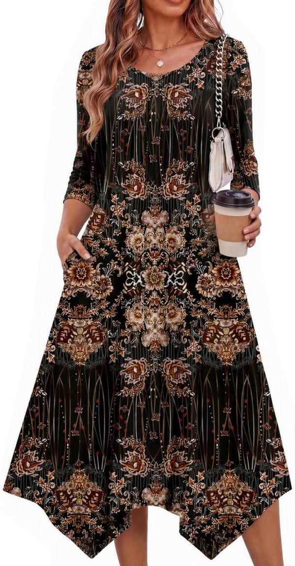 Zeagoo Midi Dresses Women 2026 Dress 3/4 Sleeve A Line Casual Dresses with Pockets