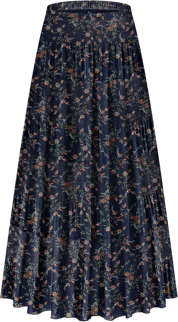 CYiNu Women's Chiffon Elastic High Waist Tiered Pleated Floral Printed A-Line Boho Long Maxi Skirts